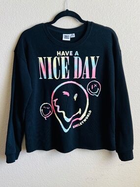 SmileyWorld "Have A Nice Day" Black Cropped Crewneck Sweatshirt
